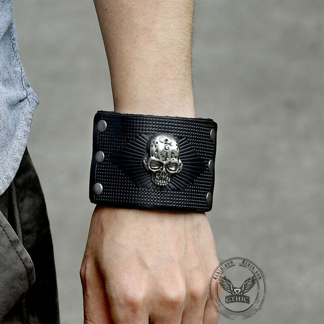 Exaggerated Skull Wide Leather Wristband Bracelet Main Image