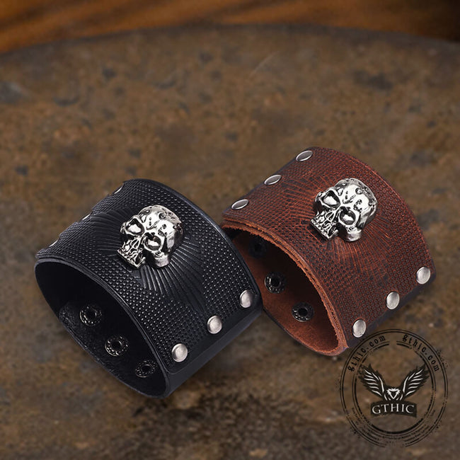 Exaggerated Skull Wide Leather Wristband Bracelet Hover Image