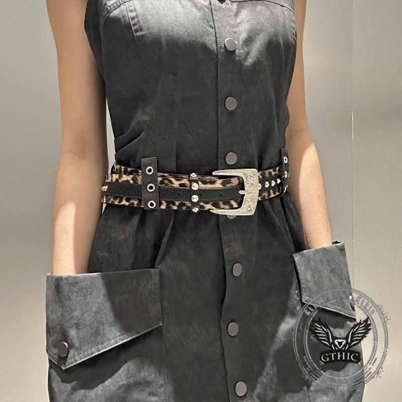 Fashion Leopard Print Rivet Splicing PU Leather Belt