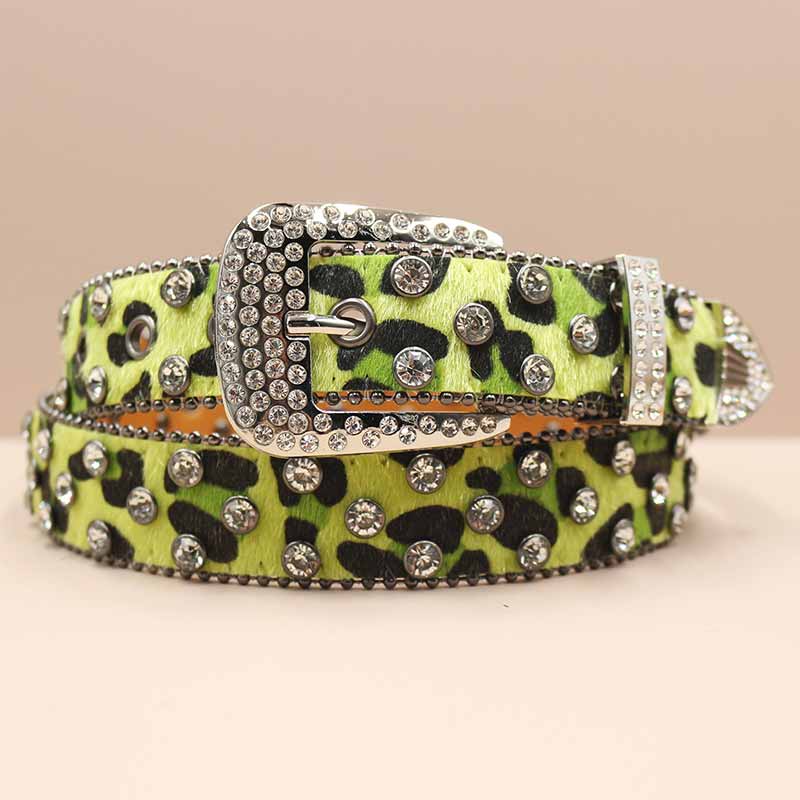 Full Rhinestone Y2K Leopard Print PU Leather Belt