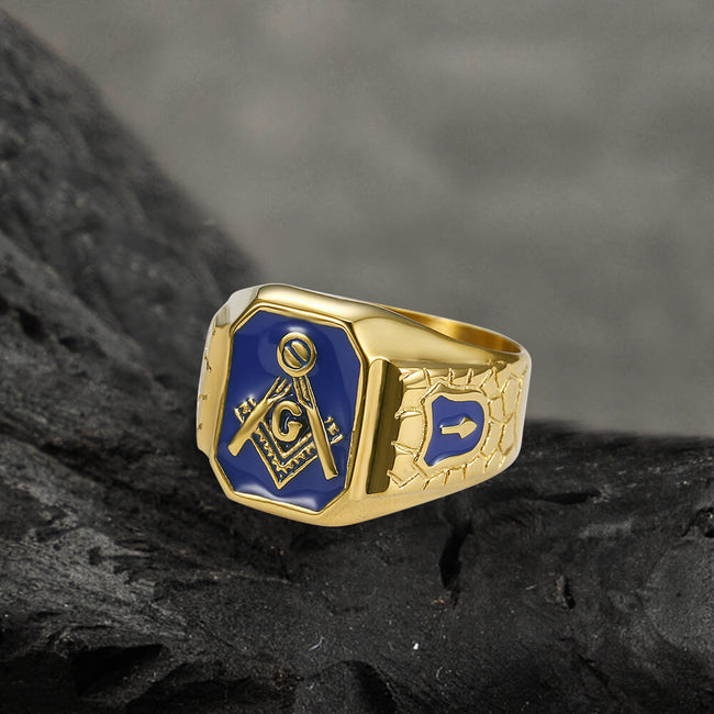 Gold Plated Freemason Stainless Steel Masonic Ring Hover Image