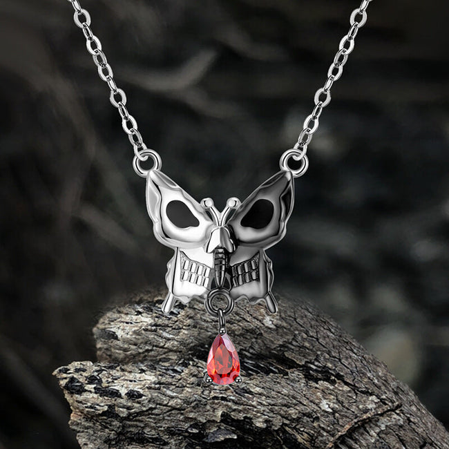 Goth Butterfly Sterling Silver Skull Necklace Hover Image