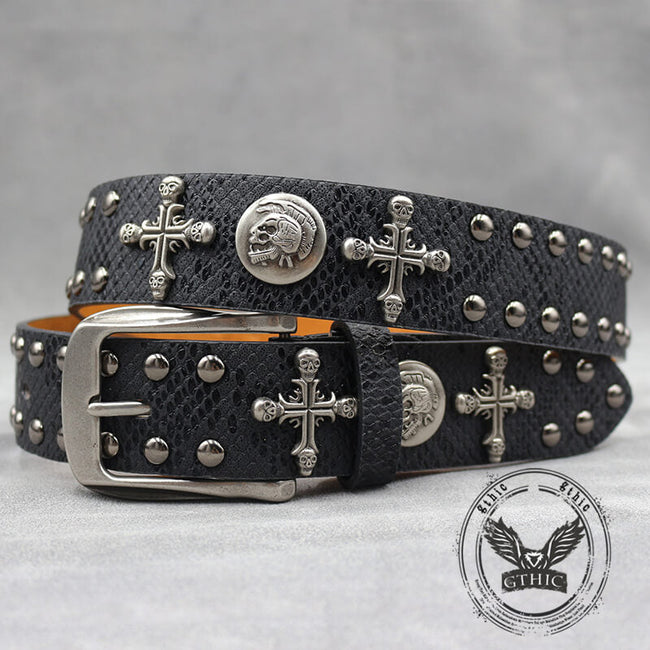 Gothic Cross Skull Rivet Snake Pattern PU Leather Belt Hover Image