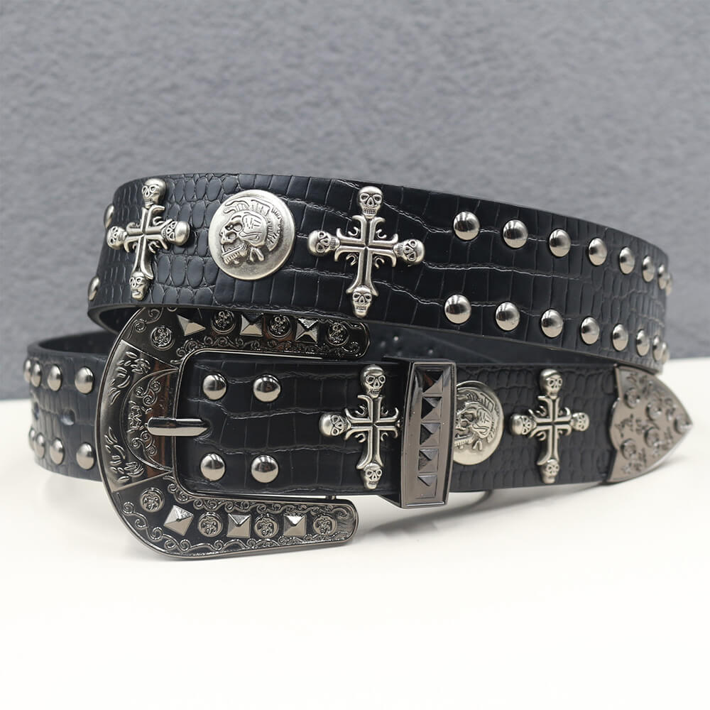 Gothic Cross Skull Studded Y2K Alloy Leather Belt