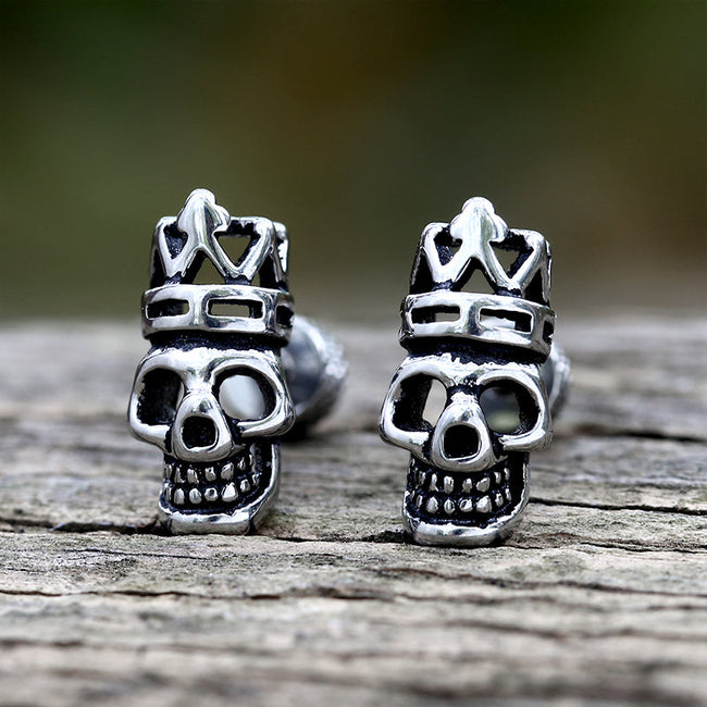 Gothic Crown Skull Head Stainless Steel Stud Earrings Hover Image