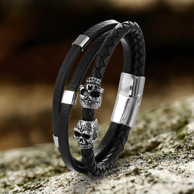 Gothic Double Skull Stainless Steel Leather Bracelet Hover Image