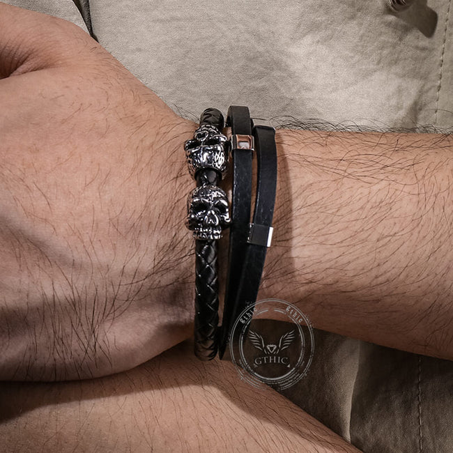 Gothic Double Skull Stainless Steel Leather Bracelet Main Image