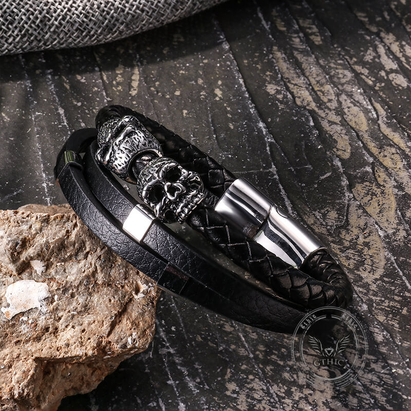 Gothic Double Skull Stainless Steel Leather Bracelet