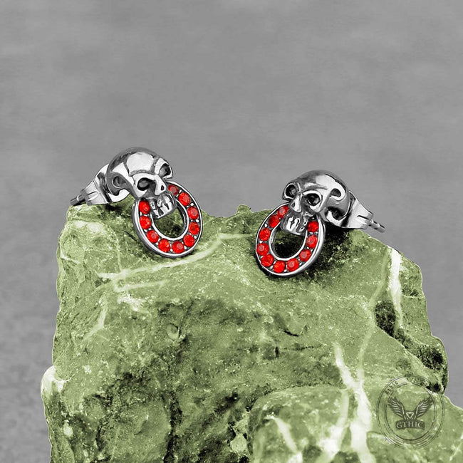 Gothic Red Gem Skull Stainless Steel Stud Earrings Hover Image