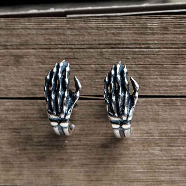 Gothic Skull Hand Bone Sterling Silver Stud Earrings Hover Image