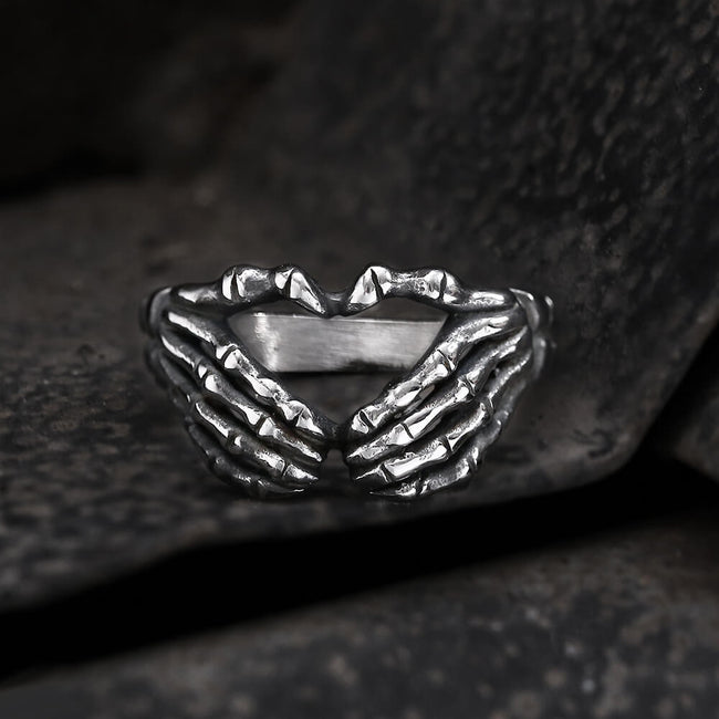 Gothic Skull Hand Heart Shaped Stainless Steel Ring Hover Image