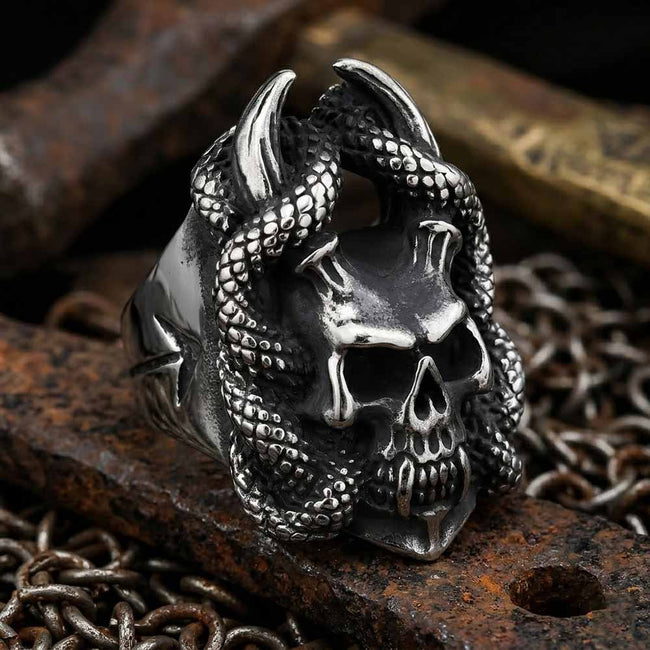 Gothic Snake Wrapped Horn Skull Stainless Steel Ring Hover Image