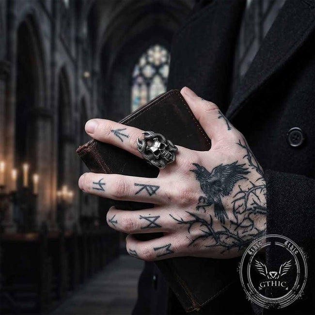 Gothic Snake Wrapped Horn Skull Stainless Steel Ring Main Image