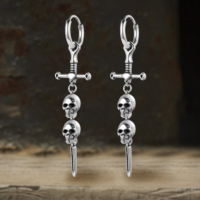 Gothic Sword Skulls Stainless Steel Hoop Earrings Hover Image