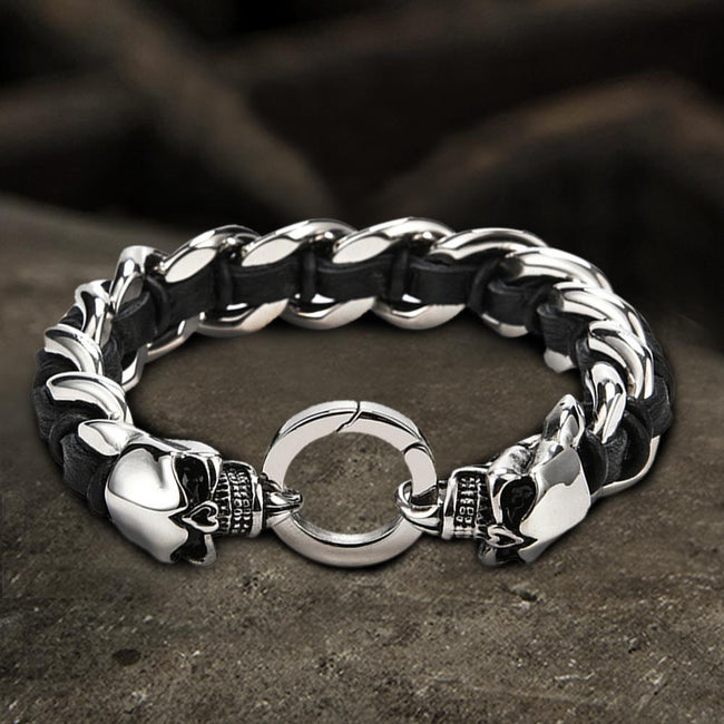 Double Head Skull Buckle Stainless Steel Braided Bracelet Hover Image