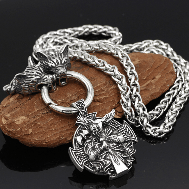 Odin Wolf Raven Stainless Steel Viking Necklace Main Image