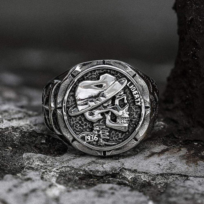 1936 Hobo Nickels Liberty Stainless Steel Skull Ring Hover Image