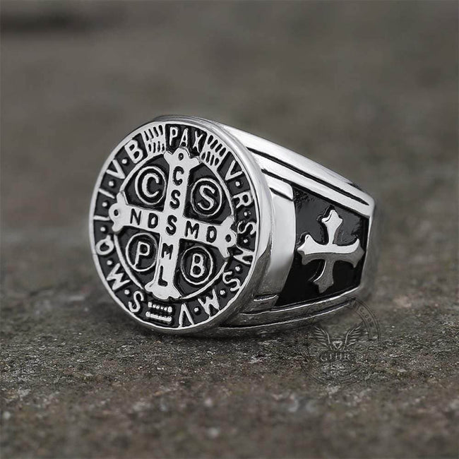 St. Benedict Stainless Steel Cross Ring Hover Image