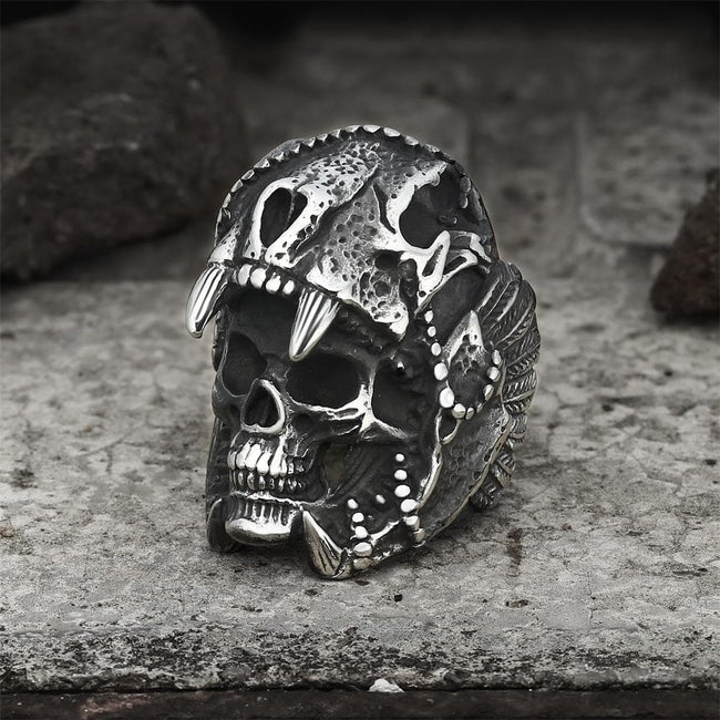 Aztec Jaguar Warrior Stainless Steel Skull Ring Hover Image