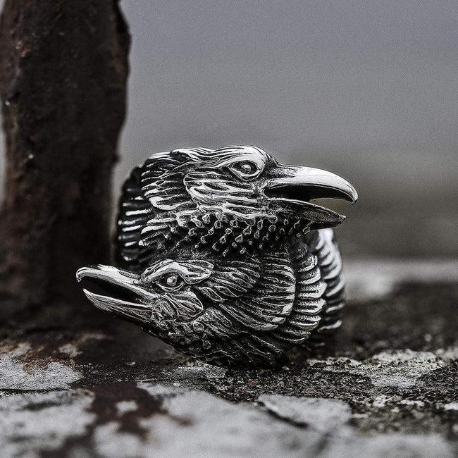 Odin Ravens Huginn and Munin Stainless Steel Viking Ring Hover Image