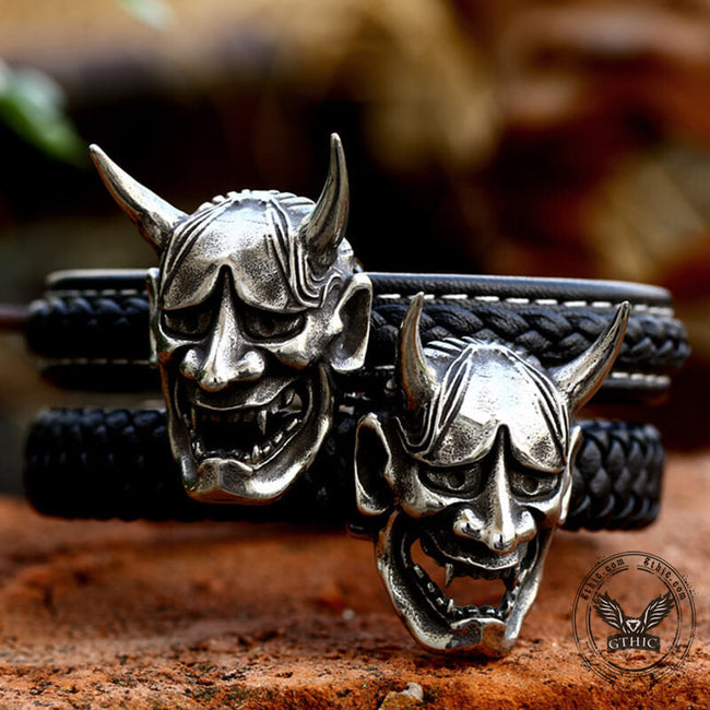 Hannya Oni Stainless Steel Leather Bracelet Hover Image