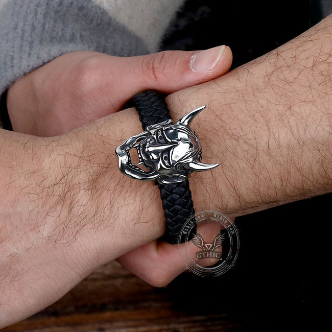 Hannya Oni Stainless Steel Leather Bracelet Main Image