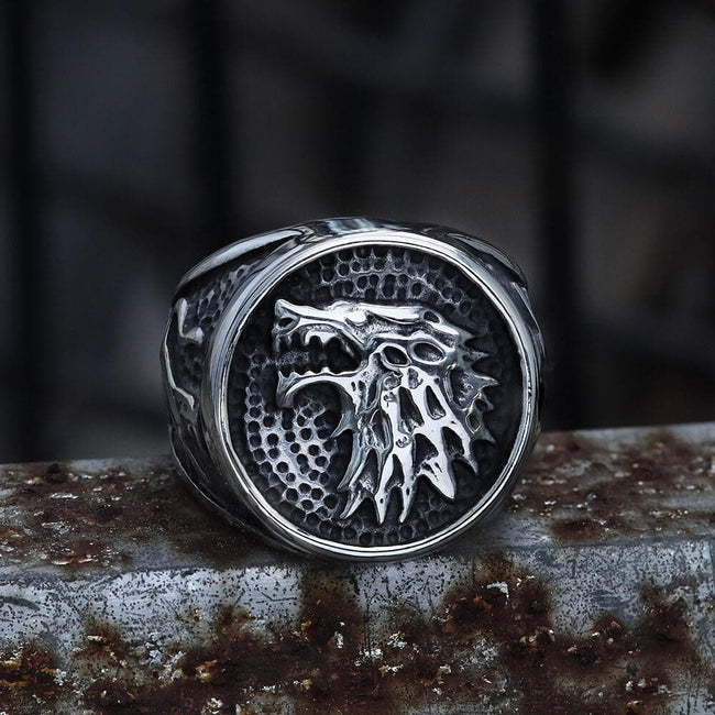 Growling Direwolf Stainless Steel Ring Hover Image