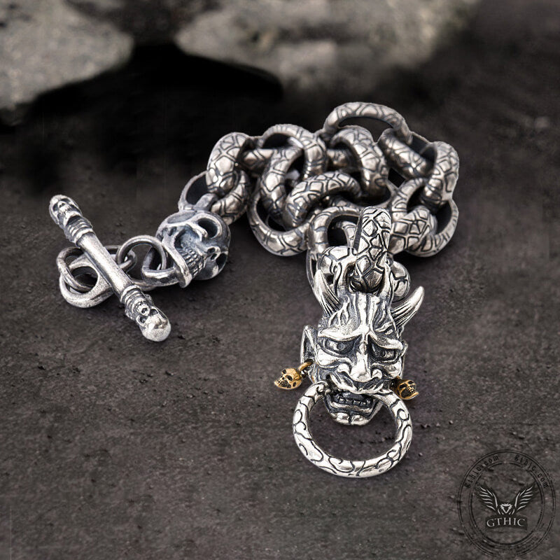 Japanese Demon Oni Skull Sterling Silver Bracelet