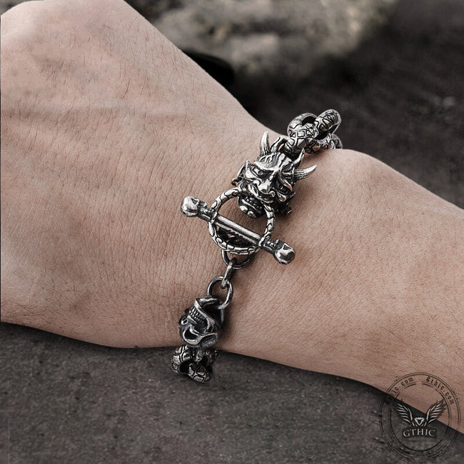 Japanese Demon Oni Skull Sterling Silver Bracelet Main Image