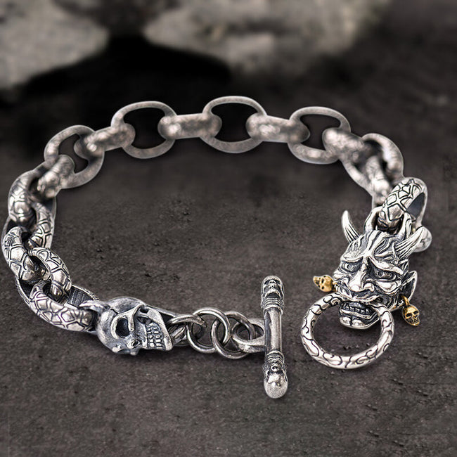 Japanese Demon Oni Skull Sterling Silver Bracelet Hover Image