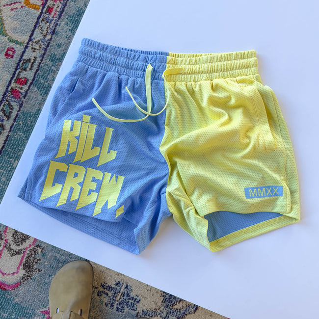 MUAY THAI SHORTS (MID THIGH CUT) 2 TONE - PASTEL BLUE / YELLOW Main Image