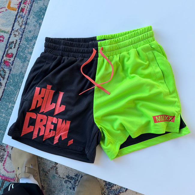 MUAY THAI SHORTS (MID THIGH CUT) 2 TONE - BLACK / GREEN Main Image