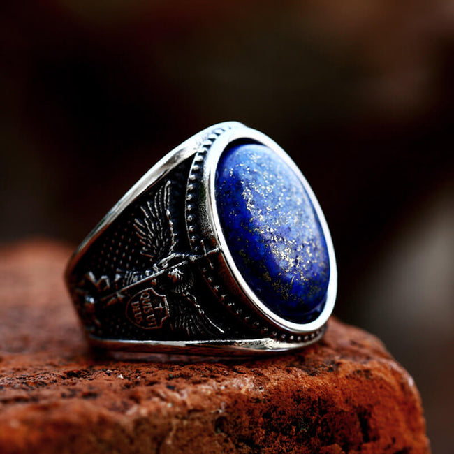 Lapis Lazuli Archangel Michael Stainless Steel Gemstone Ring Hover Image