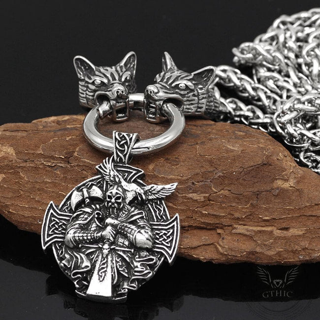 Odin Wolf Raven Stainless Steel Viking Necklace Hover Image