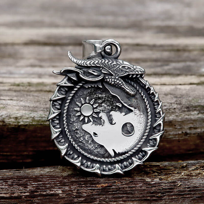 Ouroboros Skoll and Hati Wolf Stainless Steel Pendant Hover Image