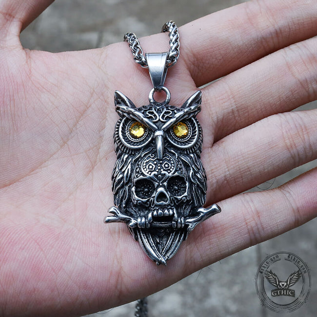 Owl Stainless Steel Gemstone Skull Pendant Main Image