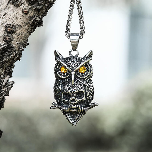 Owl Stainless Steel Gemstone Skull Pendant Hover Image
