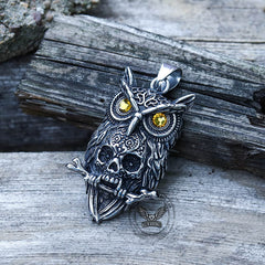Owl Stainless Steel Gemstone Skull Pendant