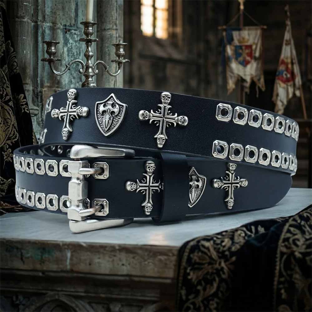 Punk Cross Skull Shield Cutout Rivet Genuine Leather Belt