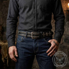 Punk Cross Skull Shield Cutout Rivet Genuine Leather Belt