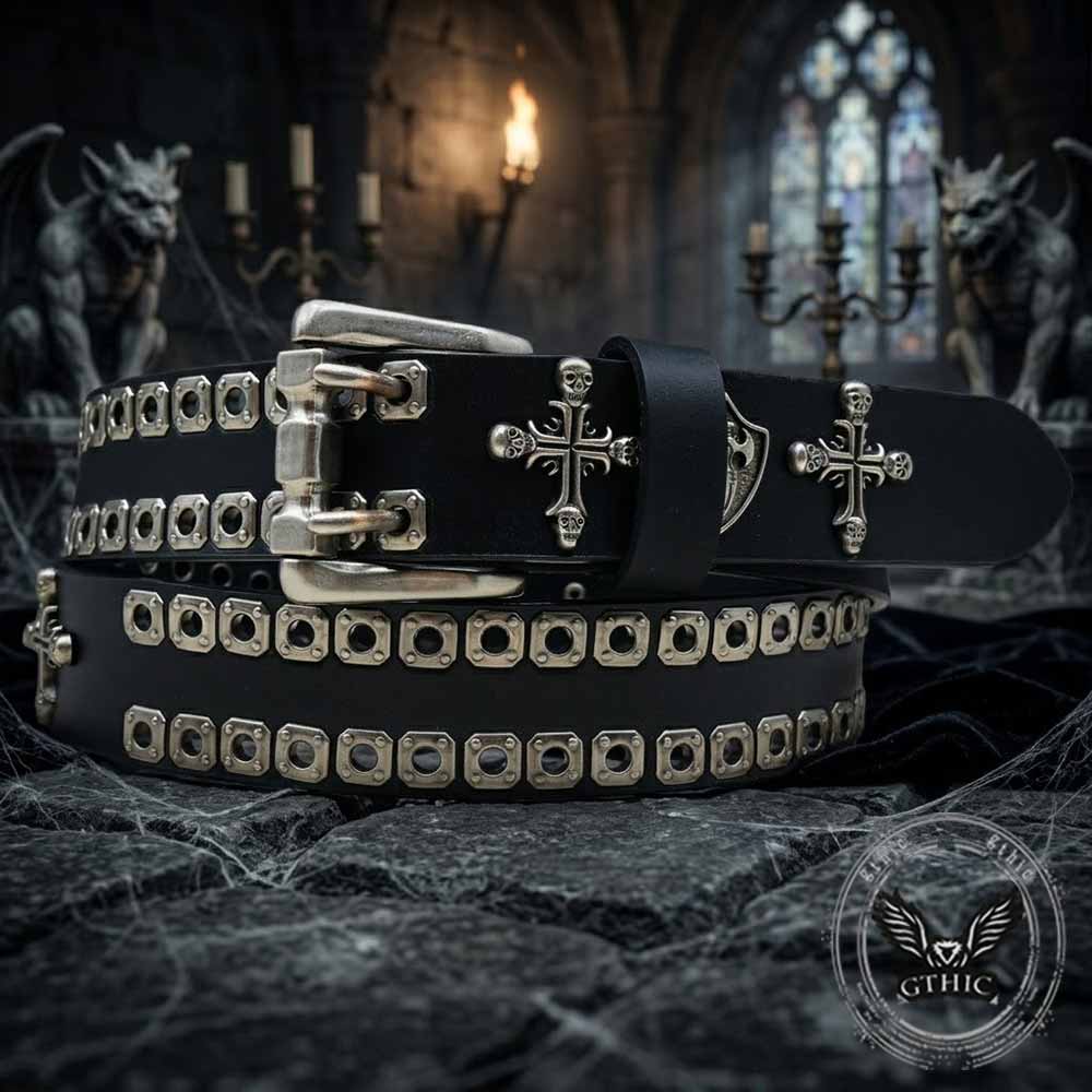 Punk Cross Skull Shield Cutout Rivet Genuine Leather Belt