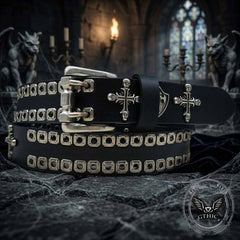 Punk Cross Skull Shield Cutout Rivet Genuine Leather Belt