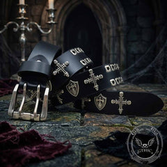 Punk Cross Skull Shield Cutout Rivet Genuine Leather Belt