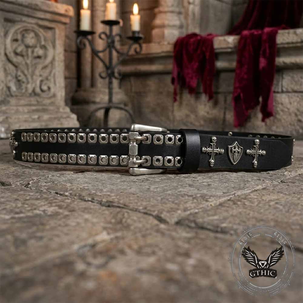 Punk Cross Skull Shield Cutout Rivet Genuine Leather Belt