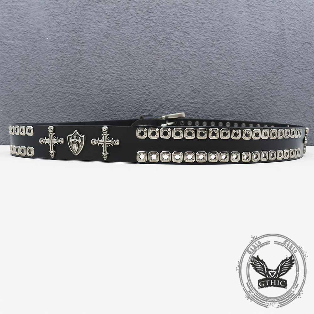 Punk Cross Skull Shield Cutout Rivet Genuine Leather Belt