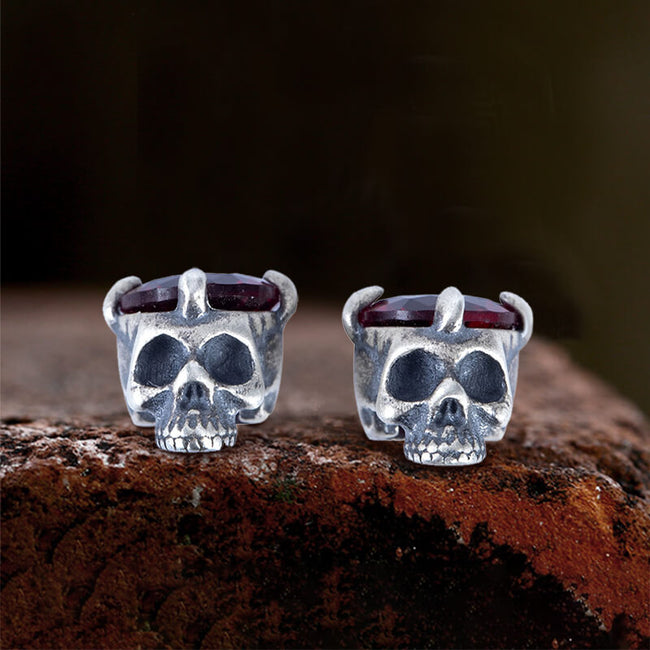 Punk Dark Skull Gemstone Sterling Silver Stud Earrings Hover Image