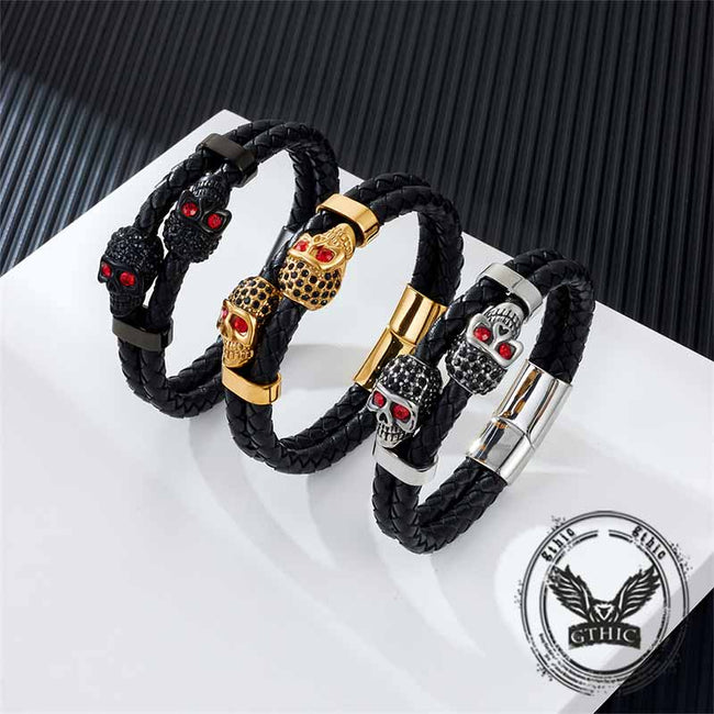 Punk Double Skull Stainless Steel Leather Bracelet Hover Image