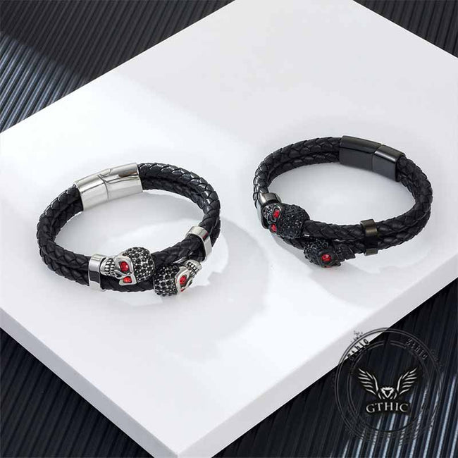 Punk Double Skull Stainless Steel Leather Bracelet Main Image