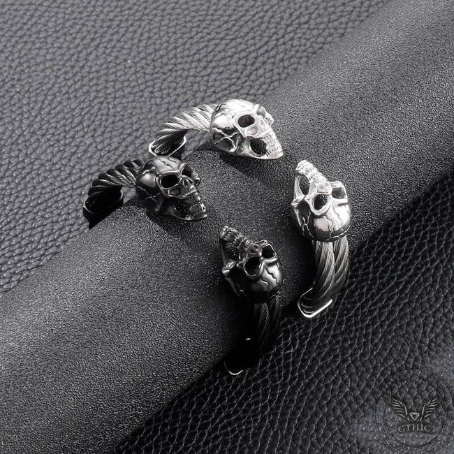 Punk Double Skull Wire Stainless Steel Bracelet Hover Image