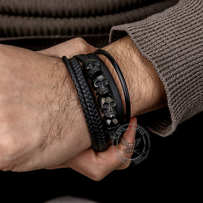 Punk Four Skulls Multi-Layer Braided Leather Bracelet Main Image